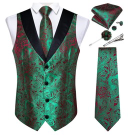 DiBanGu Mens Paisley Suit Vest Silk Jacquard Waistcoat and Necktie Set Formal Shawl Collar Dress Vest 7PCS for Wedding Party, Green and Red, Small