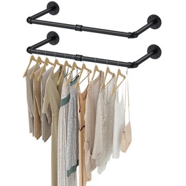 eSynic 2 Pack Wall Clothes Rail 60cm Wall Mounted Clothes Rack Retro Black Industrial Pipe Clothes Rail Heavy Duty Metal Garment Rail Hanging Bar for Coats All-Season Clothes in Bedroom Cloakroom etc