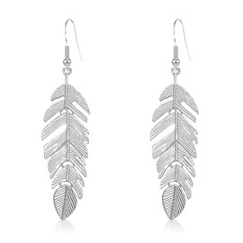 NUNAGIN Bohemian Floating Feathers Dangle Earrings - Long Hanging Metal Link Leaf Drops for Women -Lightweight Layered Dangling Leaves Hook Earrings (Silvery)