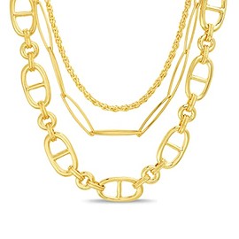 Nautica Three Row Yellow Layering Heavy Link Rope Paperclip Chain Necklace for Women 16-20 Inches
