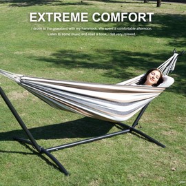 EVLIQUIL Double Hammock with Stand Included 450lb Capacity Space Saving Steel Stand,Premium Carry Bag Included,Suit for Outside,Indoor,Yard,Camping(Coffee).