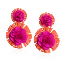 Vavhoo Raffia Flower Earrings Raffia Straw Wrapped Hot Pink Flower Drop Dangle Earrings Summer Tropical Beach Jewelry (Orange)