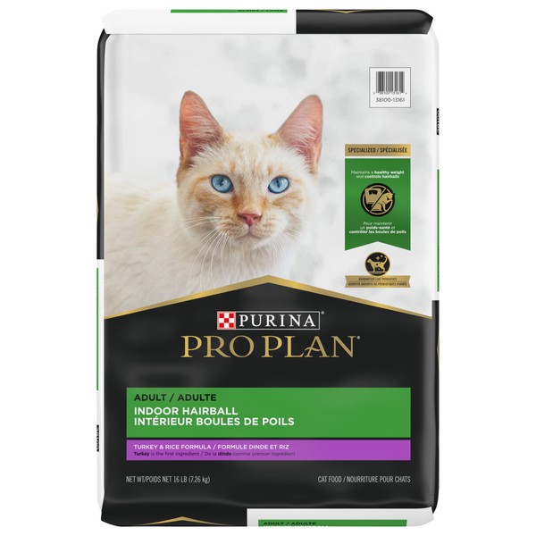 Purina Pro Plan Hairball Management, Indoor Cat Food, Turkey and Rice Formula - 16 lb. Bag