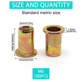 ZHMEINA 100PCS M6 Rivet Nuts, Carbon Steel Flat Head Rivnut, Metric Zinc Plated Finish Rivet Nut, Threaded Rivets Insert Nutsert Kit for Automotive, Furniture, Decoration