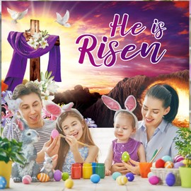 He is Risen Happy Easter Backdrop Decoration for Photography Resurrection Mountain Banner Spring Easter Party Photo Props Accessories (2.8x1.5m)