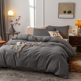 Janlive Washed Cotton Duvet Cover Oueen Ultra Soft 100% Cotton Solid Color Gray Duvet Cover Set with Zipper Closure -3 Pieces Grey Queen
