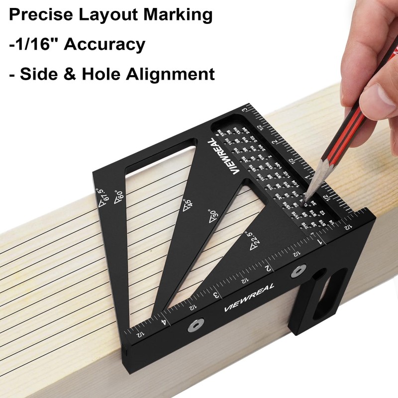 ViewReal Multi-Angle Measuring Ruler,3D Woodworking Square, 22.5-90 Degree Aluminum Alloy