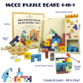 MINIARTIS Wooden Blocks Puzzle 35 Pcs Tetra Tower Balance Stacking Board Game, Tangram Jigsaw Montessori Toys Team Building Blocks Family Games for Kids & Adults