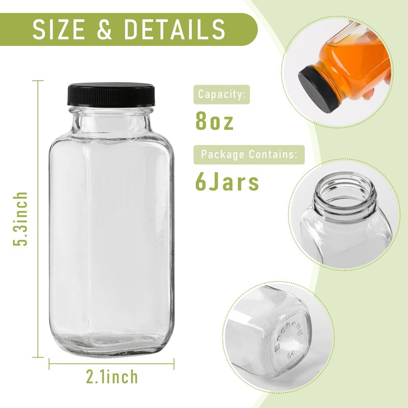 SZUAH 8 oz Glass Juice Bottles with Lids 6 Pack,Reusable