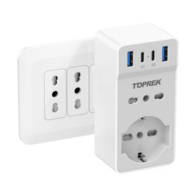 TOPREK Presa Multipla USB Salvaspazio Con 4 USB (C1 20W PD3.0), Spina Italiana, 6-in-1 Adattatore Multipresa Elettrica da Muro Con 1 Schuko & 1 Prese IT & 2 Type-C & 2 Type-A, 4000W/16A (Bianco)