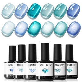 Modelones Cat Eye Gel Nail Polish Set, 6 Colors Light Baby Blue Green 9D Cat Eye Glitter Gel Polish with Magnetic Stick Summer Soak Off LED Manicure DIY Salon Gift Starter Kit