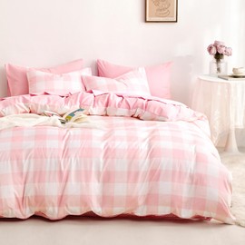 Wake In Cloud - Gingham Duvet Cover Set, Plaid Buffalo Checker Check Cute Aesthetic for Teen Boys Girls, Soft Lightweight Dorm Bedding, 3-Piece, Light Pink White, Full Size