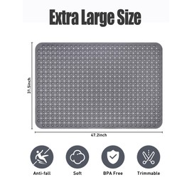 Extra Large Shower Mat, Yonala 47.2 x 31.5 Inch Non Slip Shower Mats for Inside Shower with Drain Hole and Suction Cups, Soft Trimmable TPE Anti Slip Shower Mat for Walk in Shower Stall, Heavy Mat