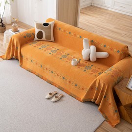 DREAMINGO Geometric Jacquard Couch Cover Boho Sofa Covers for 3 Cushion Couch Orange Chenille Couch Cover Blanket Washable Throw Covers for Sofa Sectional Couch Protector Fade Resistant, 71"x134"
