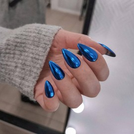 Mirror Metal Royal Blue Chrome Press on Nails Medium Almond Metallic Nails Glue on, Acrylic Fake Nails Press ons Thick Shiny Glazed Stiletto False Glue on Nail Medium Length 24Pcs