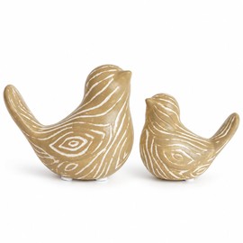 2 Pack Wood Grain Ceramic Bird Figurines, Small Bird Statues for Home Decor