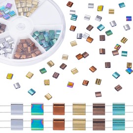 CREATCABIN 180Pcs 2 Hole Tila Beads 6 Colors Mix Glass Seed Beads Bulk Electroplate Gold Silver Rectangle Metallic Mini Opaque Square with Container for Craft Bracelet Necklace Earring Jewelry Making