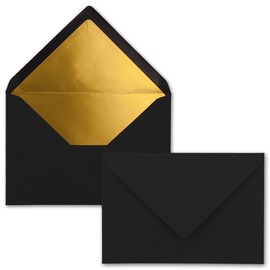 Envelopes DIN C6-114 x 162 mm - 11.4 x 16.2 cm, gummed seal, gold-silver metallic lining, Black Gold
