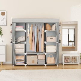 VTRIN Portable Closet Wardrobe for Hanging Clothes 57.3 Inch Large Capacity Clothes Rack with Cover, 10 Storage Organizer Shelves, 1 Hanging Rods and 6 Pockets, Free Standing Closet for Bedroom, Grey