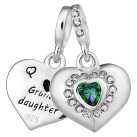 Qina C 925 Sterling Silver Grandmother & Granddaughter Love Heart Green Cz Dangle Bead for European Charm Bracelets