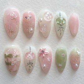 Almond Press on Nails Medium Fake Nails with Pink Flowers Design Pearl Charms False Nails Pink Flower Glue on Nails Spring Green Artificial Stick on Nails for Women Girls Manicure Accessories 24Pcs