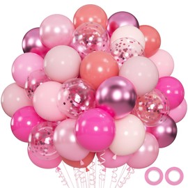 100pcs Pink Balloons - 12inch Metallic Dusty Pearl Pastel Baby Hot Pink Balloons for Birthday Bachelorette Baby Shower Princess Party Decorations (with 66ft Ribbons)