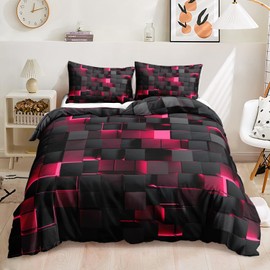 Nttopship Geometric Pink Black Duvet Cover Twin Size,Light Honeycomb 3PCS Bedding Set for Kids and Adults,Modern Cover Set Geometry Decor,Microfiber Lightweight 1 Duvet Cover and 2 Pillowcases