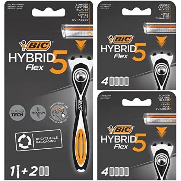 BIC Hybrid 5 Flex Refillable Men's Razor, 1 Weighted Handle and 10 Nano-Tech Titanium 5-Blade Refills with Precision Blade - Bundle of 1+10