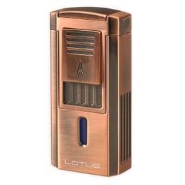 Lotus Duke V Cigar Lighter with Triple Pinpoint Wind-Resistant Torch Flames, Single Action Ignition, Integrated V-Cut Cutter, Tinted Fuel Level Window (Brushed Copper)