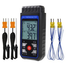 Digital Thermocouple Thermometer, Dual Channel Thermometer Type K/J with 4 Thermocouple Probes Type K, Range -328 to 2501°F Industrial HVAC Temperature Meter with Alarm and ADJ Compensation