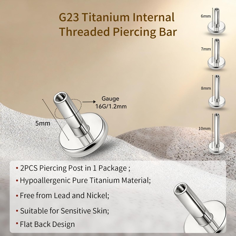 limerencia 16G/18G Hypoallergenic Internal Threaded Titanium Bar Post Replacement,Flat Back