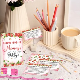 WNINK Guess Baby Shower Games Set – How Big is Mommy's Belly Sign, 64 Pcs Measure Bump Game with 50 Guessing Cards, 10 Pencils, and 3 Measuring Tapes for Baby Shower Gender Reveal Party (Strawberry)