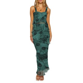 Lrady Women's Two Piece Skirt Sets Beach Formal Wedding Guest Sleeveless Peplum Ruffle Party Maxi Bodycon Dress Outfits, Floral Print Dark Green, Small