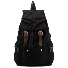 DremFreo Vintage Canvas Rucksack mit Lederdetails, 30x48x15cm, Outdoor Tagesrucksack für Damen und Herren bg240 (Schwarz)