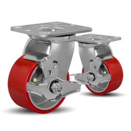 SY America 4" X 2" Caster Wheels - Heavy Duty Industrial Casters, Non-Marking Polyurethane on Silver Cast Iron Core Wheel, 2 Swivel Top Lock Brake,1600 lbs Capacity