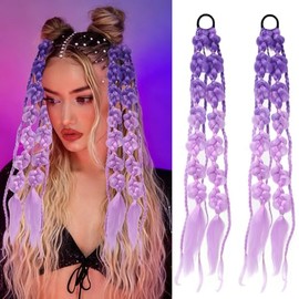 2PCS Purple Braided Hair Extensions, Elastic Tie-On Twisted Braided Long Faux Hair Ties for Women Girls, Fun Easy Synthetic Hairpieces, Cute Ponytail 
