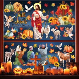 decalmile Fall for Jesus Double Sided Window Clings Autumn Pumpkin Maple Leaves Christian Jesus Religious Cross Angels Anti-Collision Glass Doors Window Stickers Decals