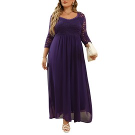 Nemidor Women's Deep- V Neck 3/4 Sleeve Lace Vintage Plus Size Bridesmaid Formal Maxi Dress (18,Purple+Sleeve)