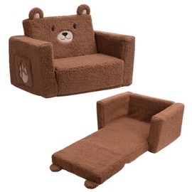 ALIMORDEN 2-in-1 Flip Out Cuddly Sherpa Toddler Couch, Convertible Sofa to Lounger, Bear
