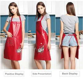 SEIFINI Premium PU Kitchen Aprons for Women with Pocket, Oil and Waterproof Apron for Dishwashing, Cooking, Grilling, Lab Work, Butcher, Cleaning Fish Red