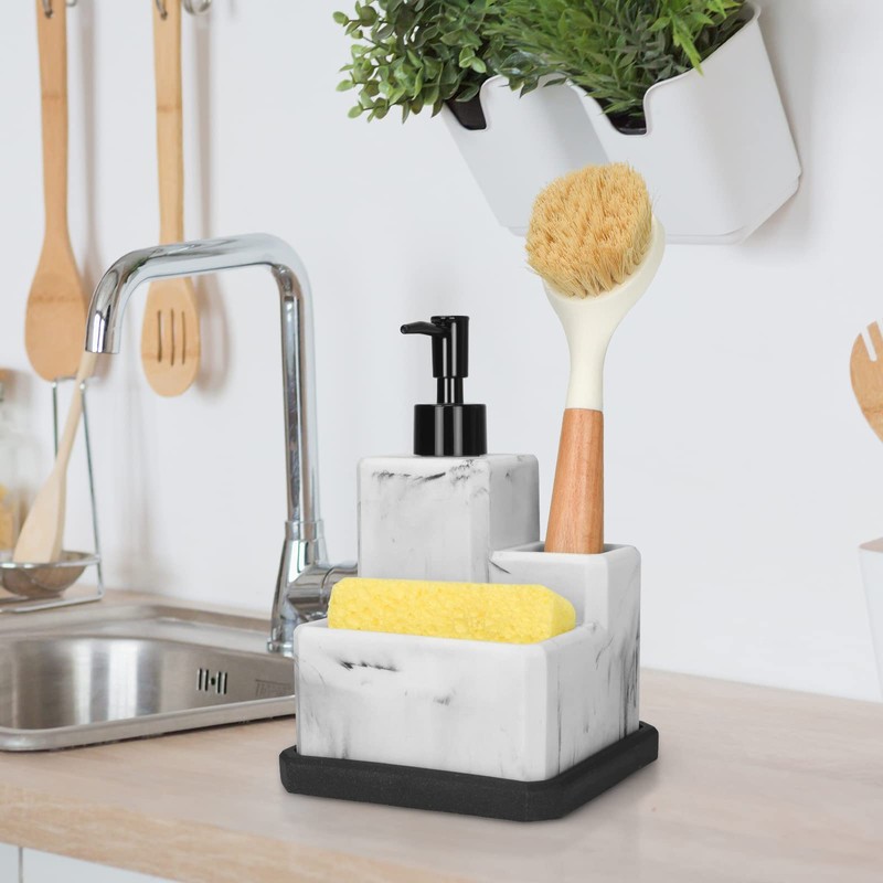 Soap Dispenser with Sponge Holder and Brush Holder,White Marble 3