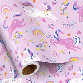 RUSPEPA Unicorn Wrapping Paper Roll for Kids Girls, Mini Roll, Pink Fantasy Unicorn with Rainbow, Star and Moon Gift Wrap Paper, Perfect for Girls Gifts, Birthday, Baby Shower, 17 Inches x 16.4 Feet