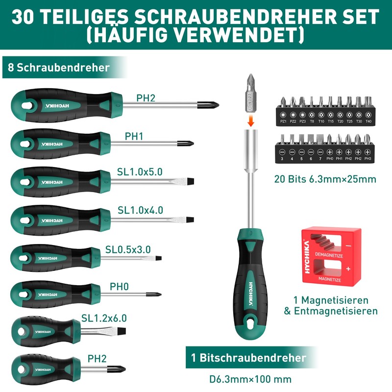 HYCHIKA Screwdriver Set, 30 Pieces Screwdriver Set, Including Phillips Screwdriver,