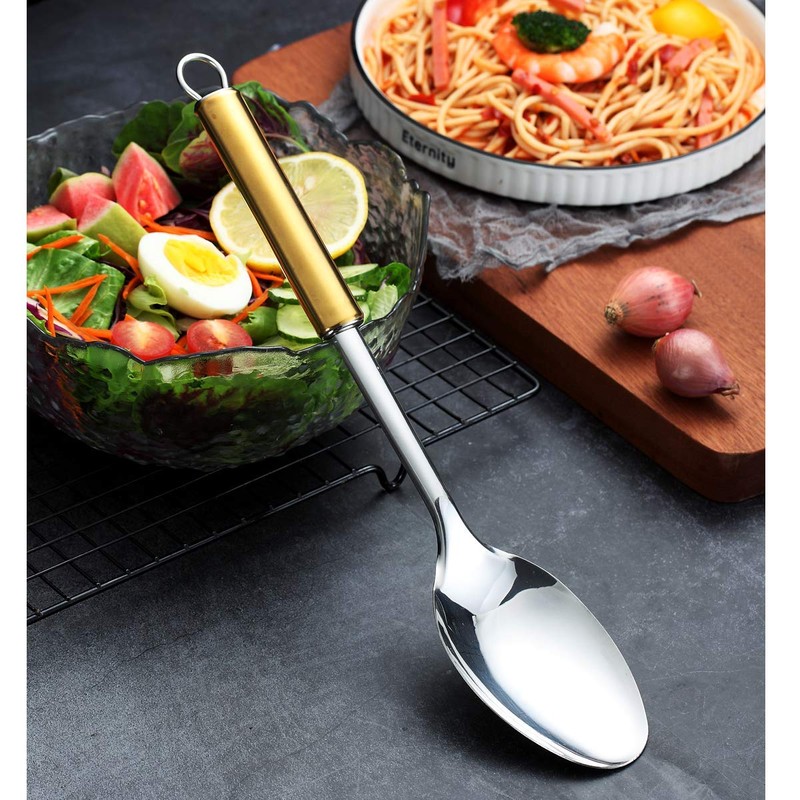 Berglander Solid Spoon, Stainless Steel Gold Handle Solid Cooking Spoon