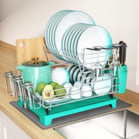 BOOSINY 2 Tier Turquoise Large Stainless Steel Dish Drainers Drying Rack for Kitchen Counter with Drainboard, Rust Proof Metal, Space Saving, Modern Aesthetic, Compact Plates Strainers with Extra Mat