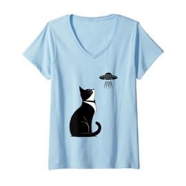 Womens Tuxedo Cat UFO T-Shirt Funny Alien Cat Lover Gift Whimsical V-Neck T-Shirt