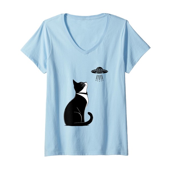 Womens Tuxedo Cat UFO T-Shirt Funny Alien Cat Lover Gift