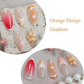 MERVF Almond Press on Nails Medium Fake Nail Ombre French Tip Glue ons Nails Orange 3d Design Summer Stiletto Acrylic Supplies DIY Manicure Glossy 24pcs
