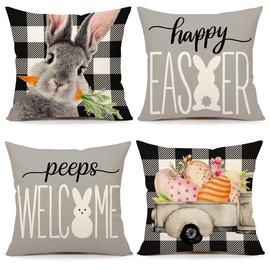 Easter Pillow Covers 20x20 Set of 4 Easter Decorations for Spring Farmhouse Pillows Easter Decorative Throw Pillows Buffalo Plaid Bunny Eggs Welcome Peeps Throw Cushion Case for Home Decor TH163-20