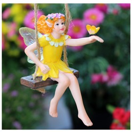 Fairy on a Swing Hanging Statue, Resin Flower Fairy Pendant Outdoor Decor Statue, Swing Fairy Ornaments for Yard Lawn Patio Balcony